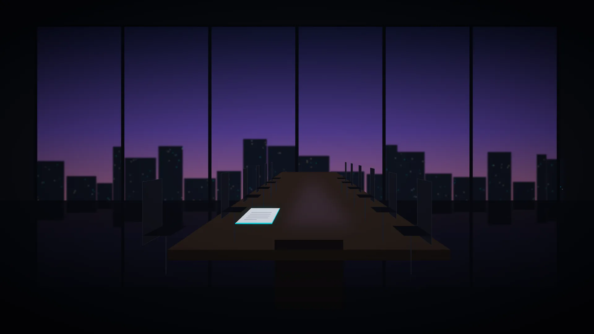 An empty boardroom at dusk: a long table, one chair pulled out, and a single printed brief with a cyan edge waiting on the table.